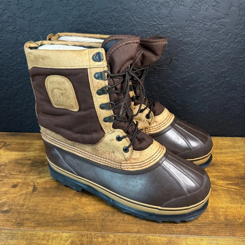 Sorel Arrowhon Brown Leather Rubber Winter Snow Boots Mens 11 Made in Canada‎